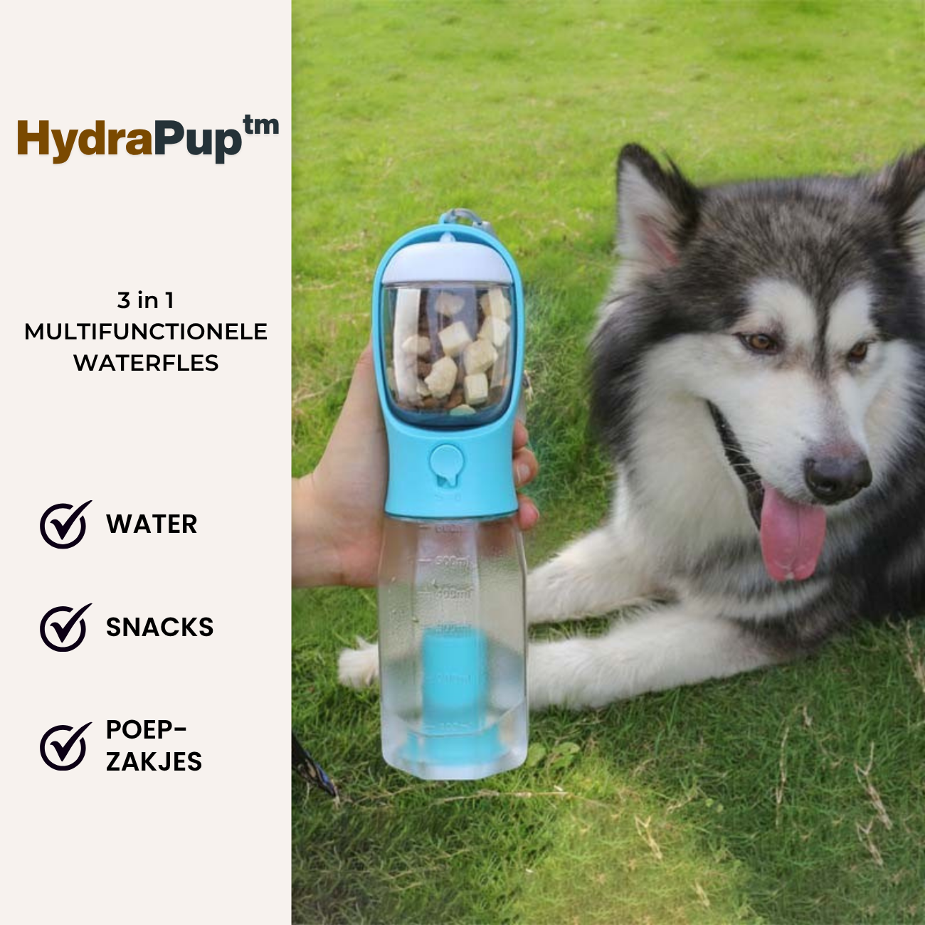 Slimme 3-in-1 Waterfles voor Honden met Snack- en Poepzakjeshouder – Altijd Vers Water en Hygiënisch Onderweg - 1