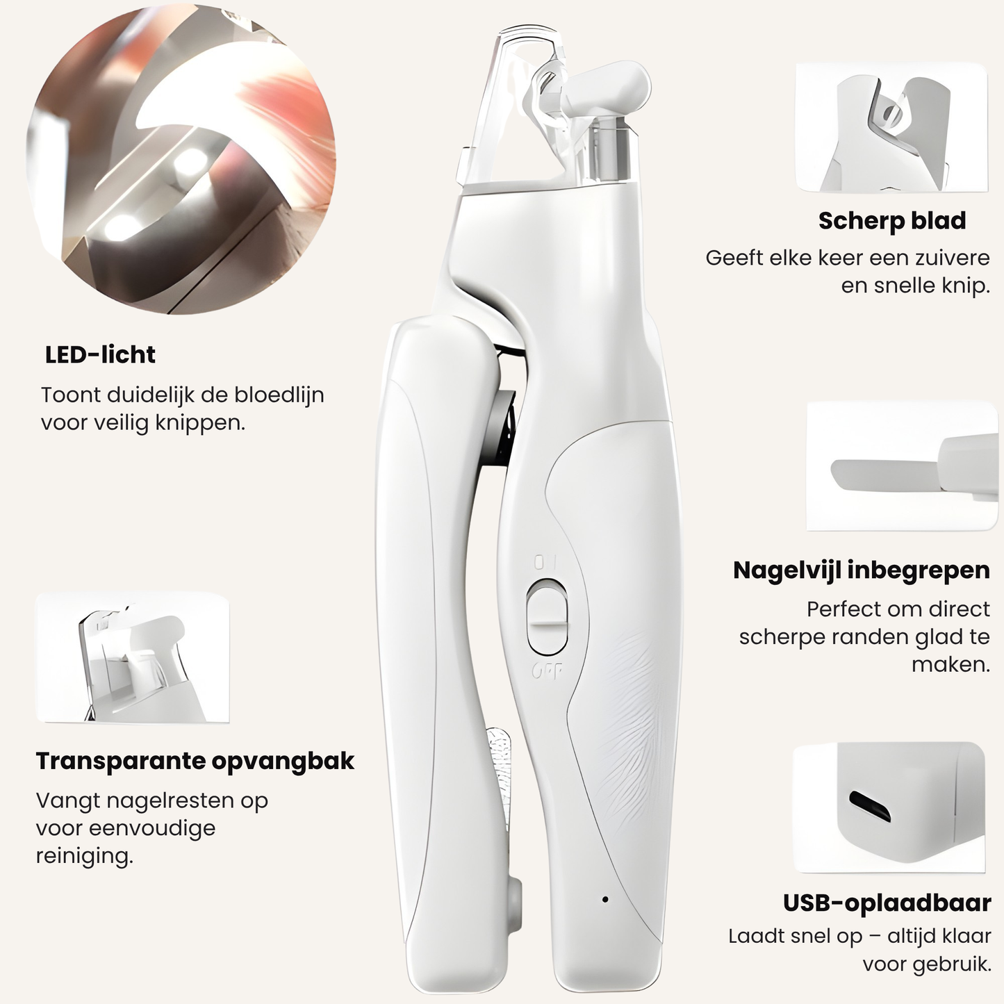 Veilige 2-in-1 Nageltrimmer met Dubbele LED-verlichting – Fluisterstil en Stressvrij voor Huisdieren - 3