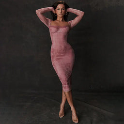 Annelise Pink Bodycon Midi Dress | Elegant Off-Shoulder Gala Gown | Sophisticated Slim-Fit Evening Dress for Weddings & Special Occasions
