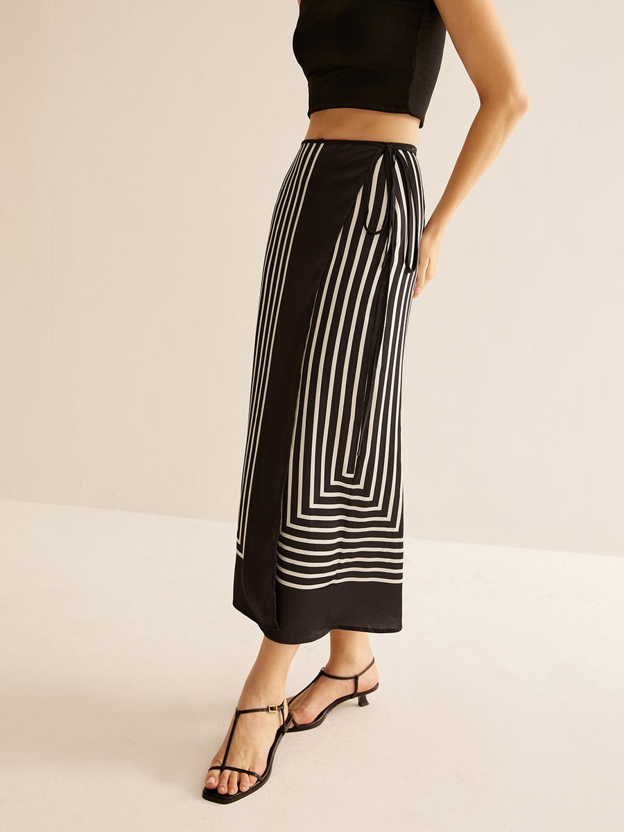 Luann Striped Maxi Skirt | High-Waisted A-Line Design with Geometric Print | Elegant Lightweight Viscose Wrap Skirt for Women