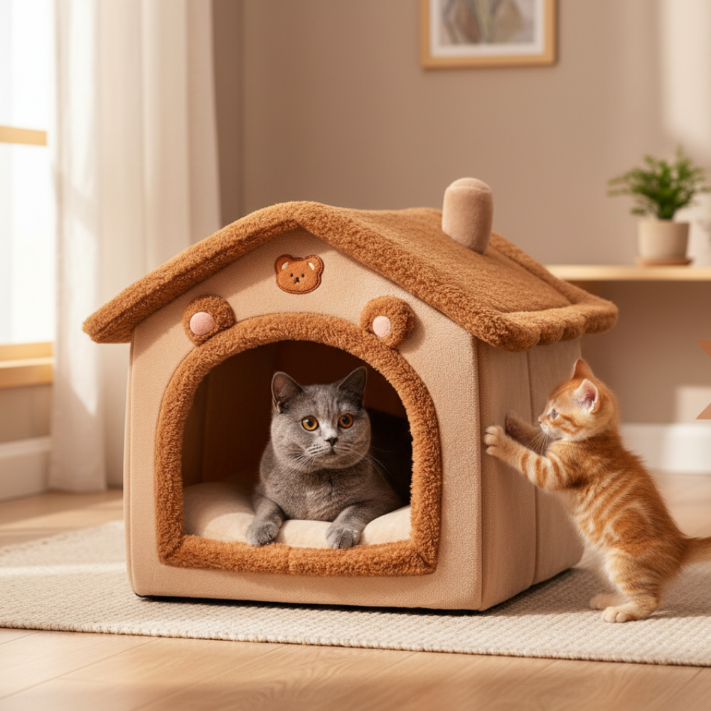 Beer-Vormig Kattenhuis - Opvouwbaar Met Afneembaar Kussen Voor Comfort 1