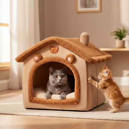 Beer-Vormig Kattenhuis - Opvouwbaar Met Afneembaar Kussen Voor Comfort 1