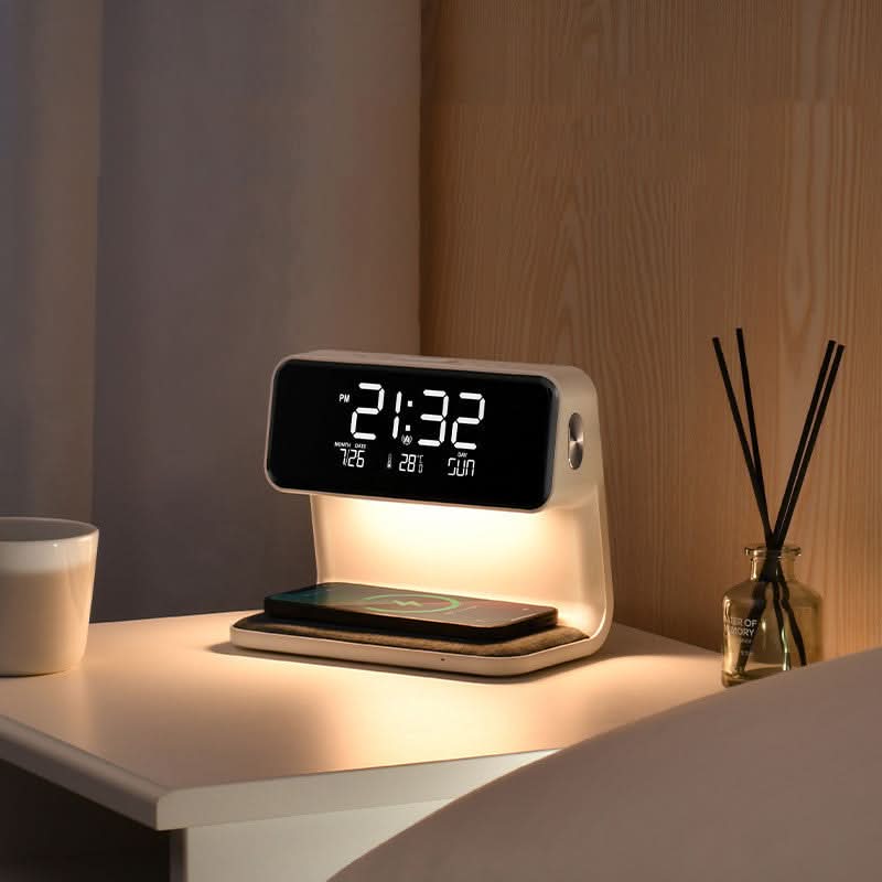 LumiDock | LCD Alarm Clock with Dimmable LED Lamp & Wireless Charger | Modern Design for Bedroom Convenience 1