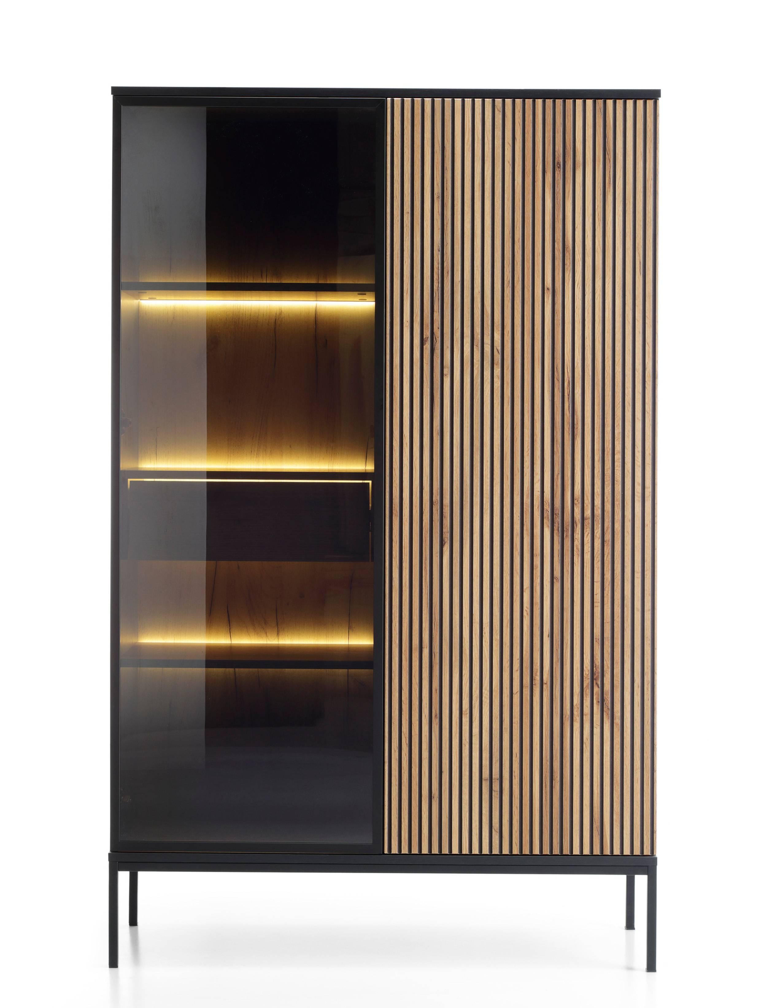 Tiana Modern Wall Cabinet with Built-in Lighting, Black & Oak