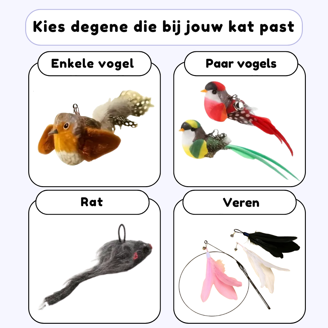 SwiftPaw™ Interactief Kattenspeelgoed met Zuignap - Zelfspelende Hengel met Vogel & Muis - Tegen Verveling & Stress
