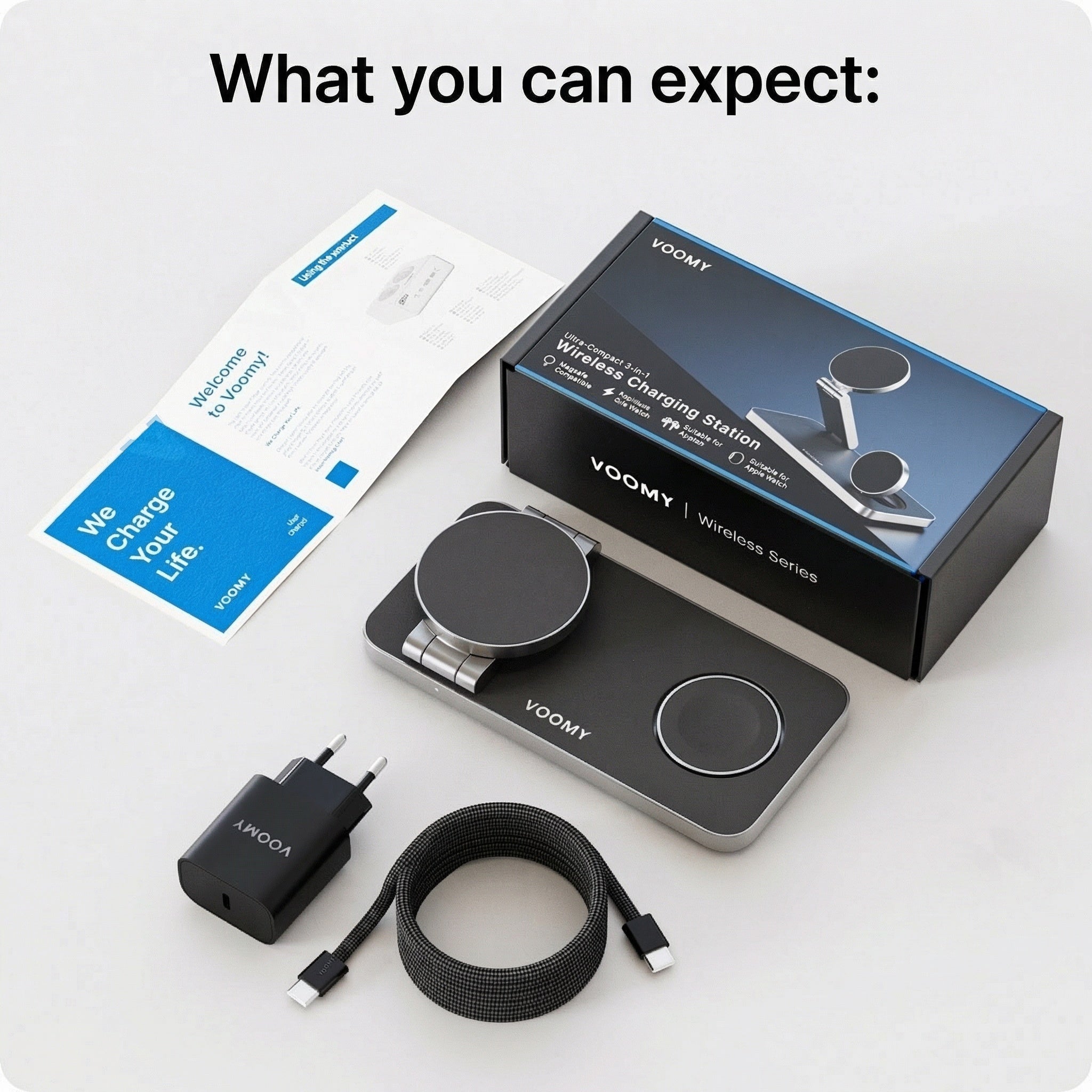 Voomy | 3-in-1 Wireless Charger with 15W Fast Charging | Sleek Aluminum Design for Convenient Apple Device Charging