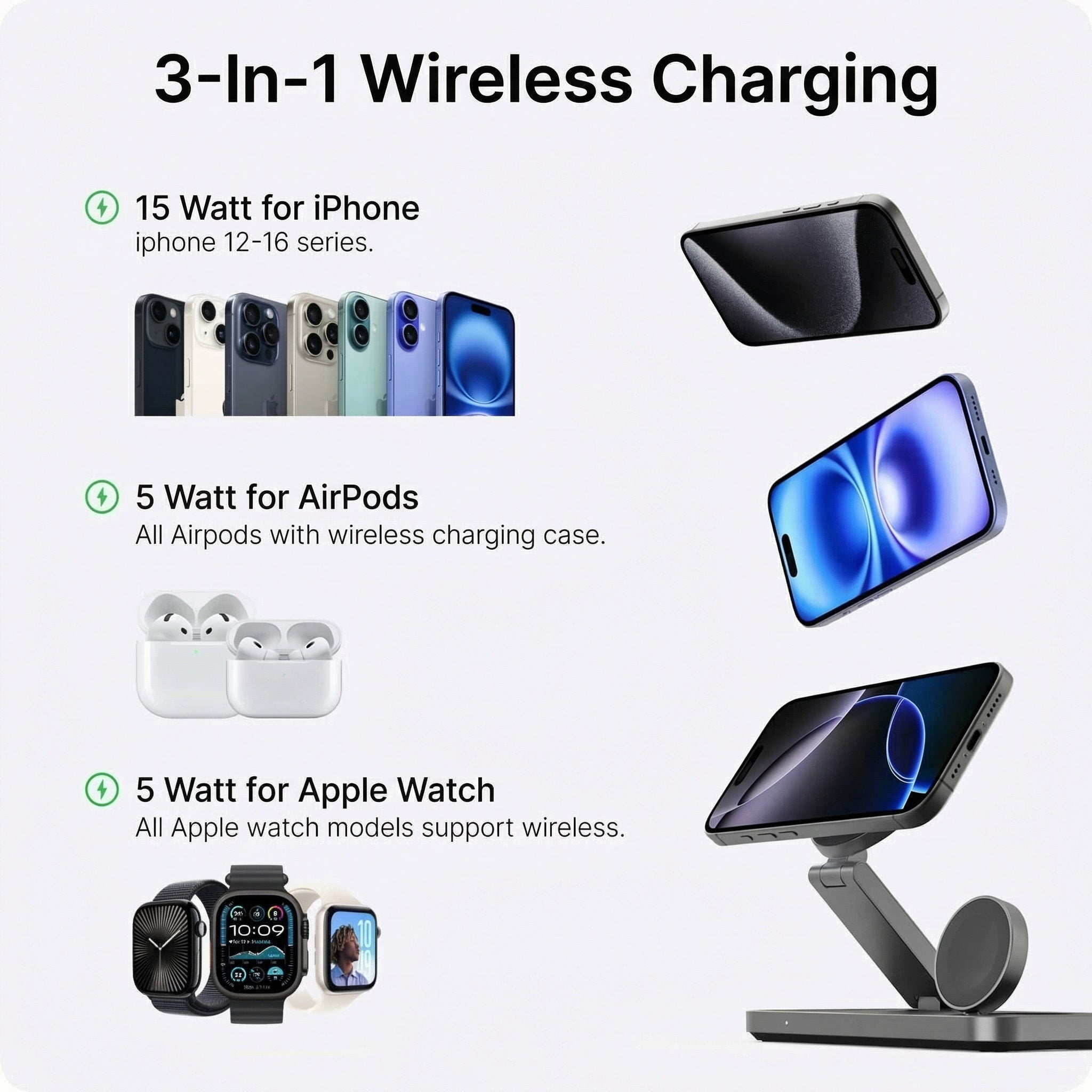 Voomy | 3-in-1 Wireless Charger with 15W Fast Charging | Sleek Aluminum Design for Convenient Apple Device Charging