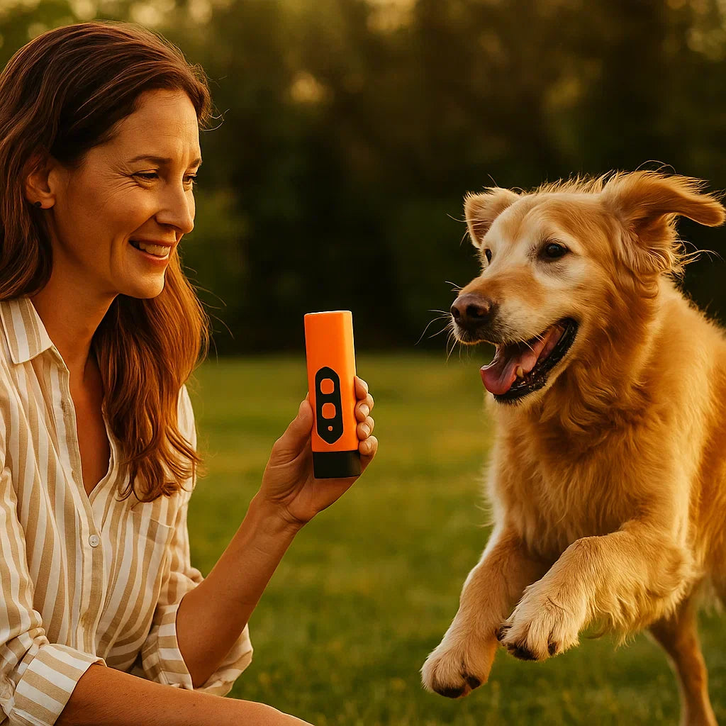 Hond met CalmBark anti-blaf training apparaat